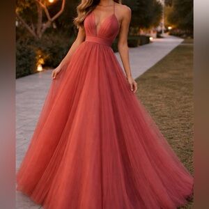 NOT FOR SALE Luxxel Coral Tulle Maxi Dress Size S Formal Prom Bridesmaid